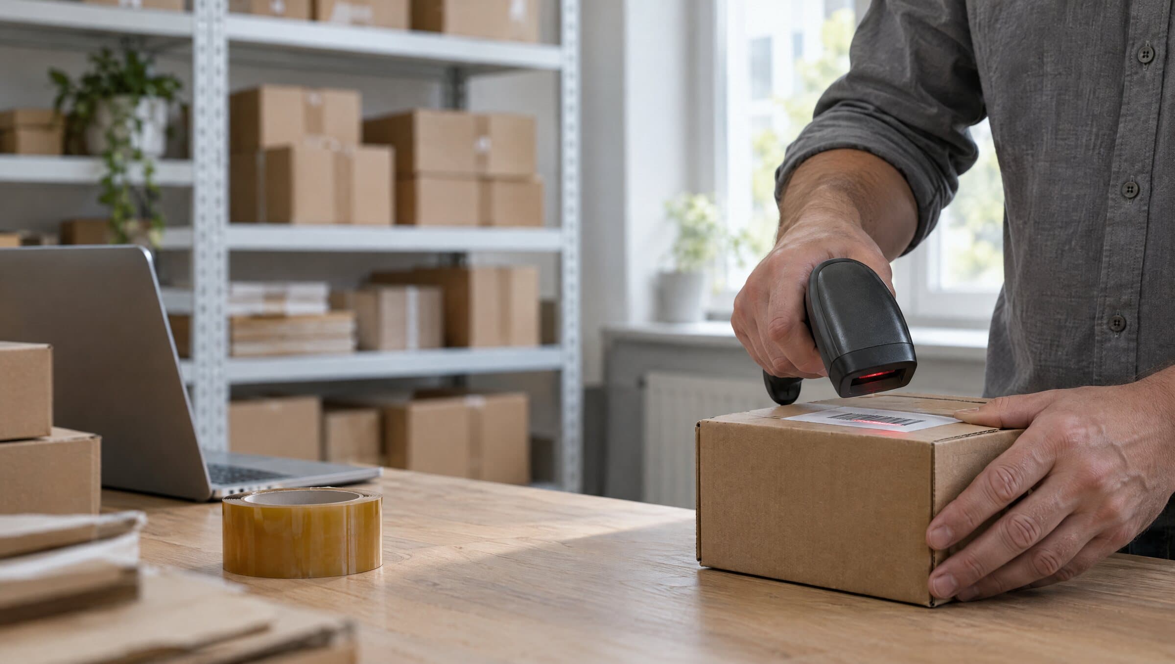 Hände scannen mit einem Handscanner den Barcode auf einem Karton