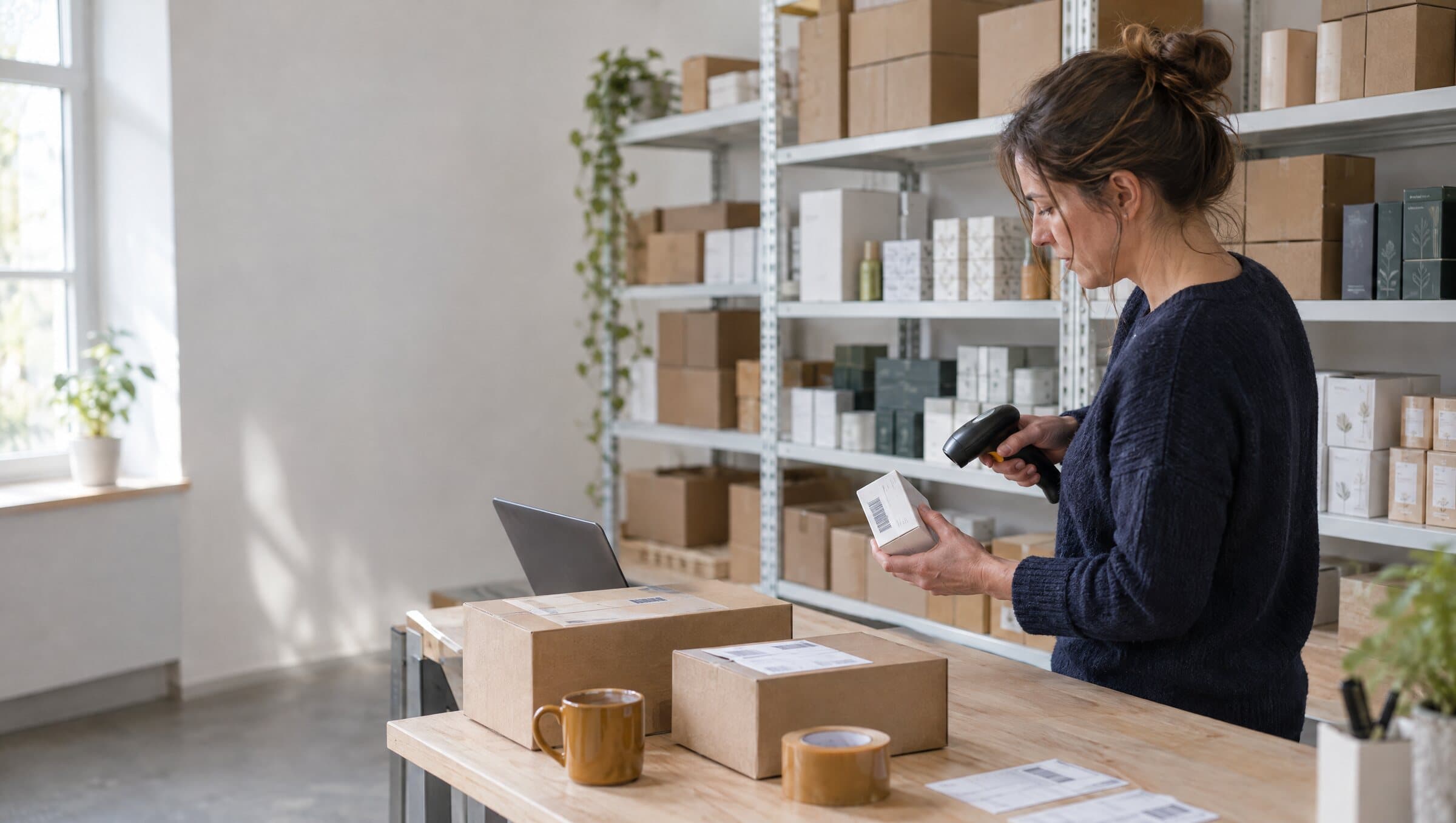 Eine Händlerin scannt im Lager den Barcode eines Produkts